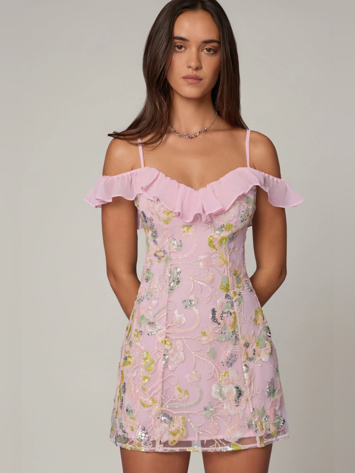Pink mini homecoming dress, alternate view showing the full-length silhouette