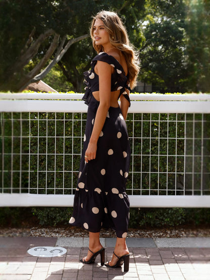 Black midi formal dress with printed pattern, alternate view showing the shoulder line