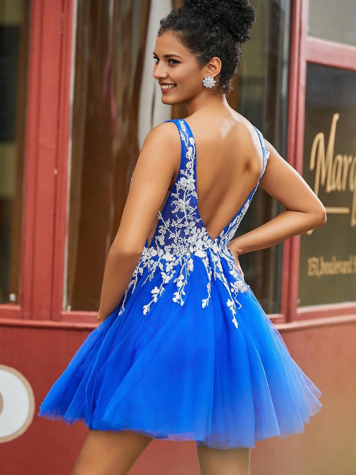 Blue mini homecoming dress, alternate view showing the full-length silhouette from another angle