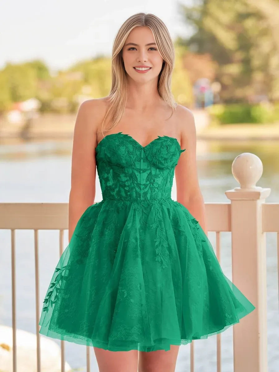 Green mini homecoming dress, alternate view showing the full-length silhouette