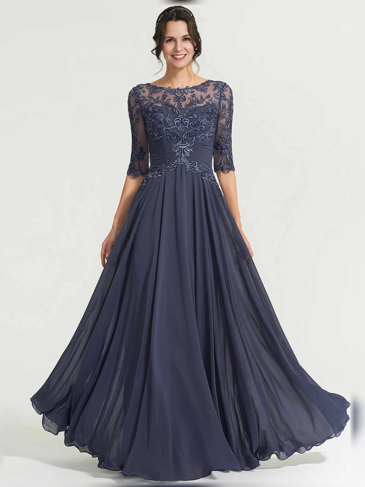 Dark Blue maxi mother of the bride dress, alternate view showing the full-length silhouette