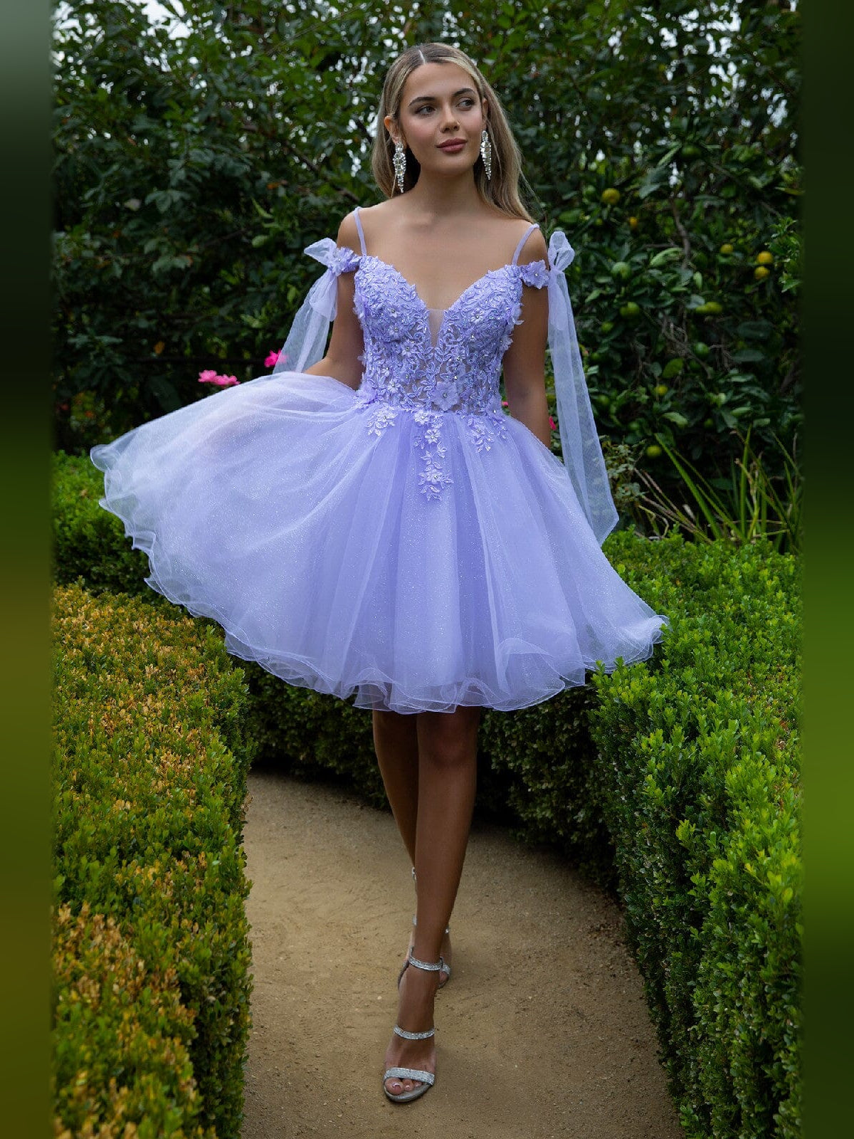 Mist Blue short homecoming dress, alternate view showing the full-length silhouette from another angle