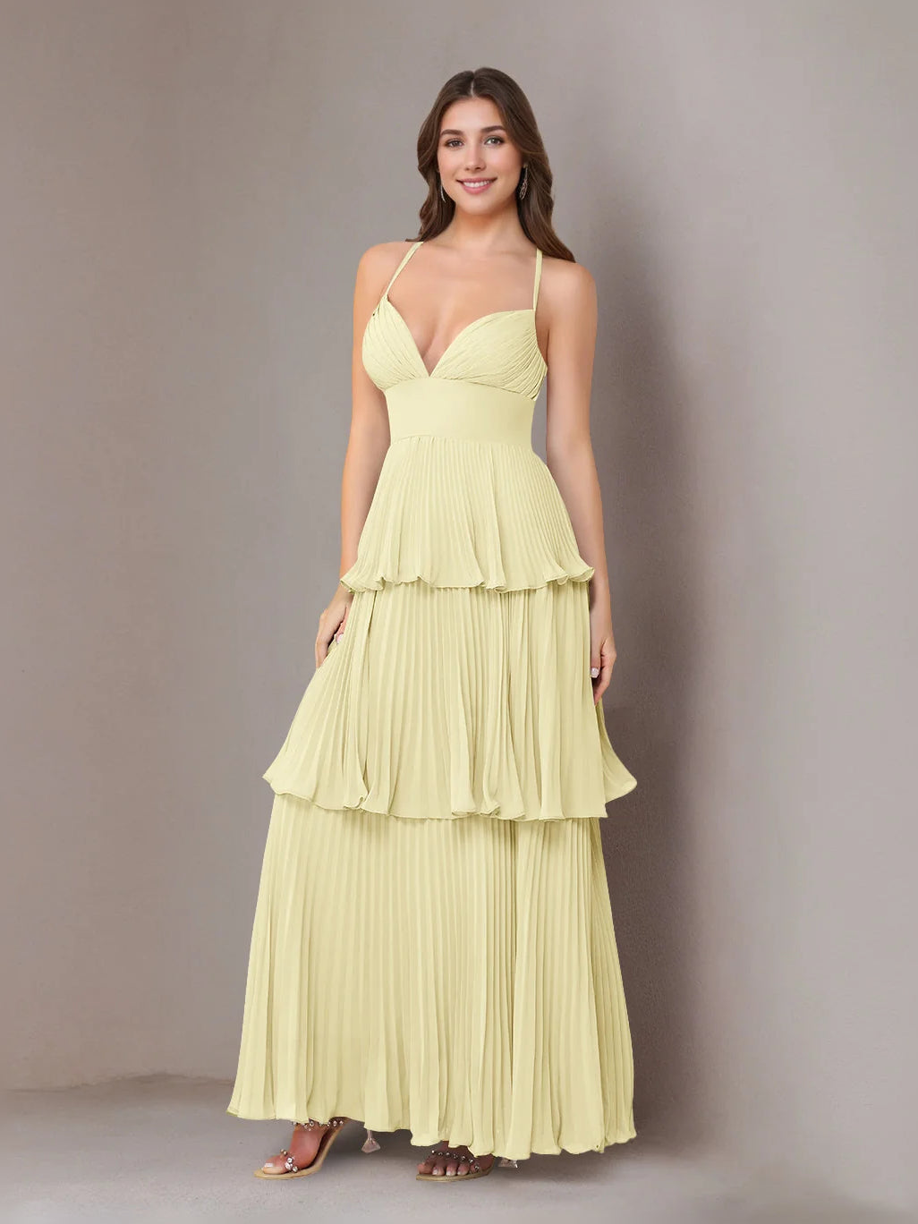 Yellow maxi bridesmaid dress, alternate view showing the full-length silhouette