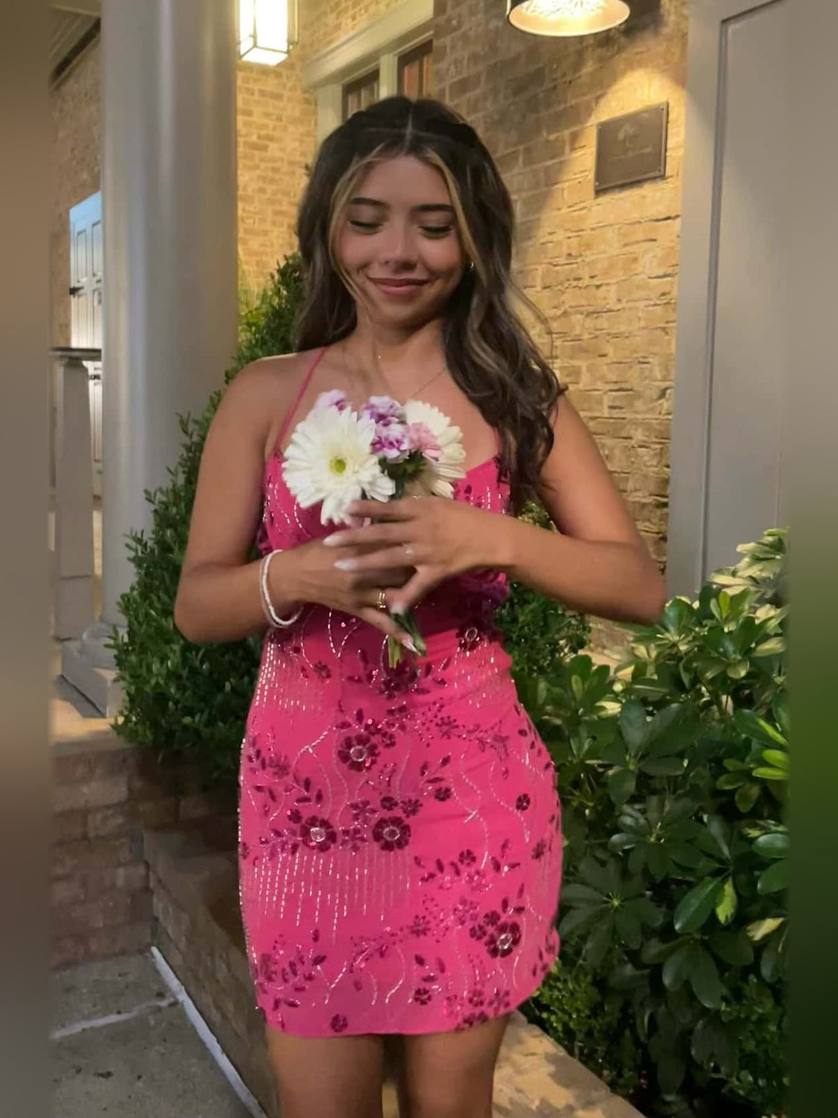 Pink mini homecoming dress, alternate view showing the full-length silhouette from another angle