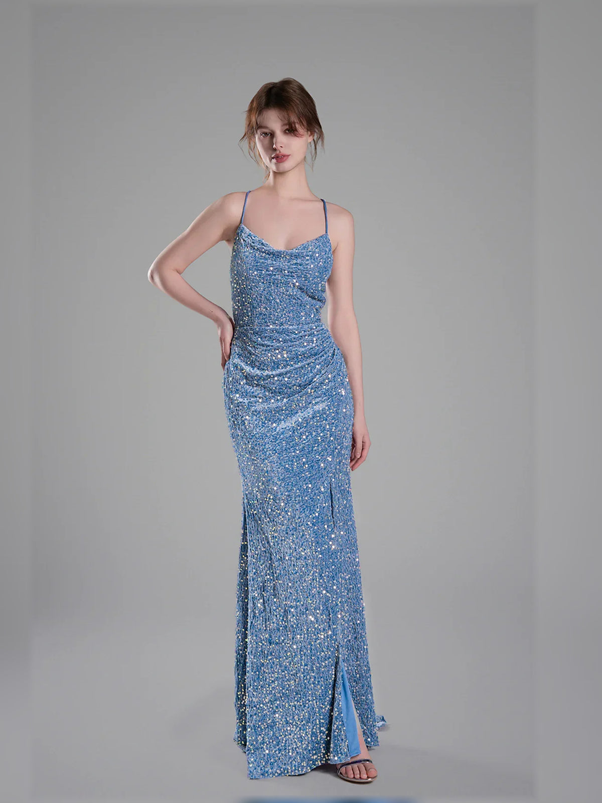 Steel Blue mermaid floor-length formal dress with skirt slit, alternate view