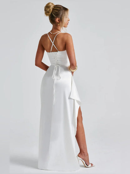 Taupe sheath floor-length formal dress with ruffle details, alternate view showing the shoulder line