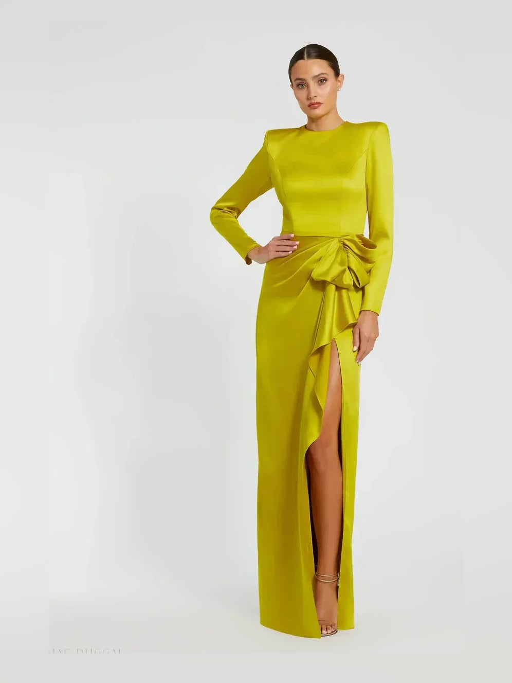 Chartreuse sheath floor-length formal dress with ruffle details, alternate view