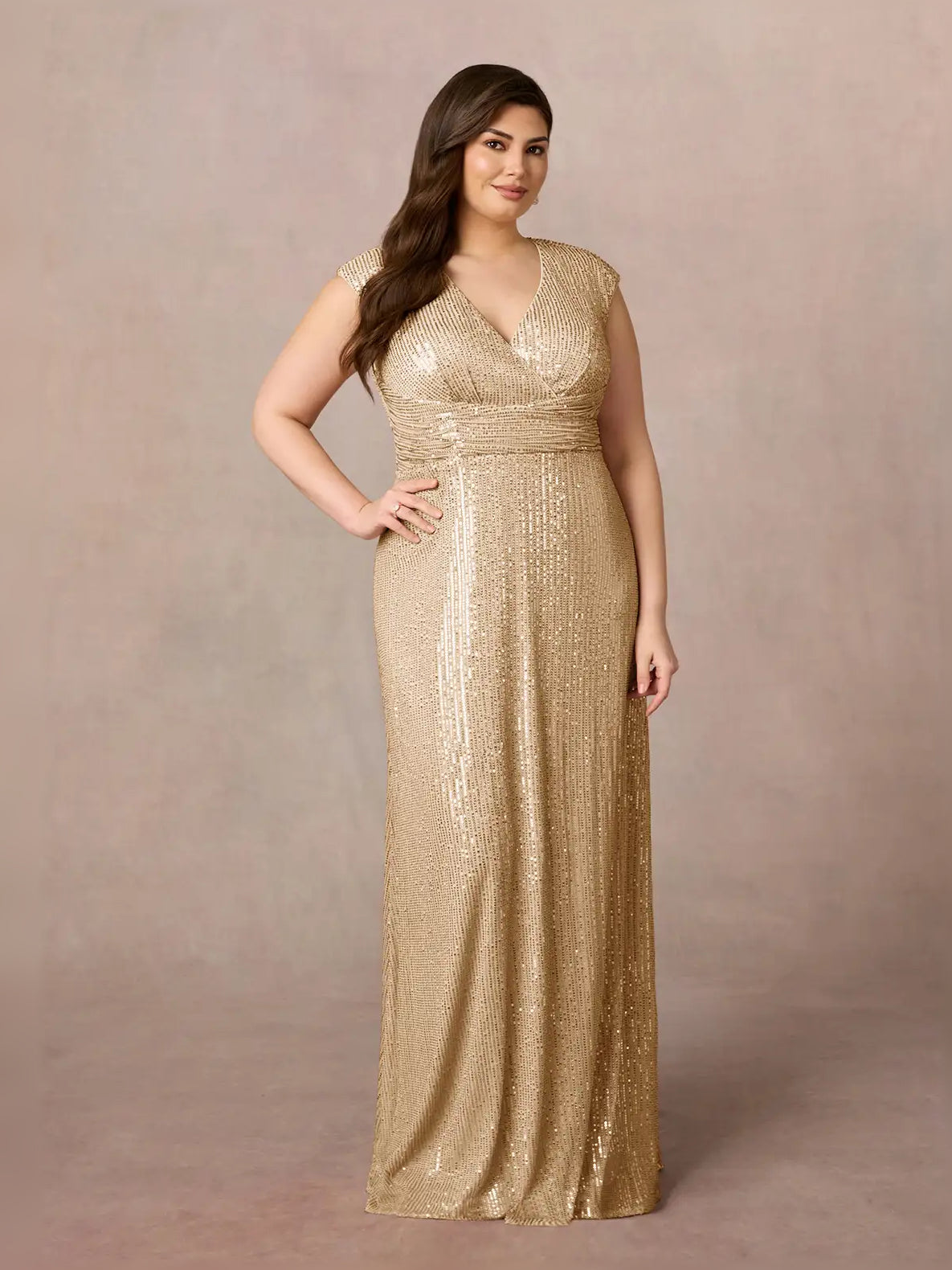 Champagne column floor-length formal dress with ruching, alternate view showing the shoulder line