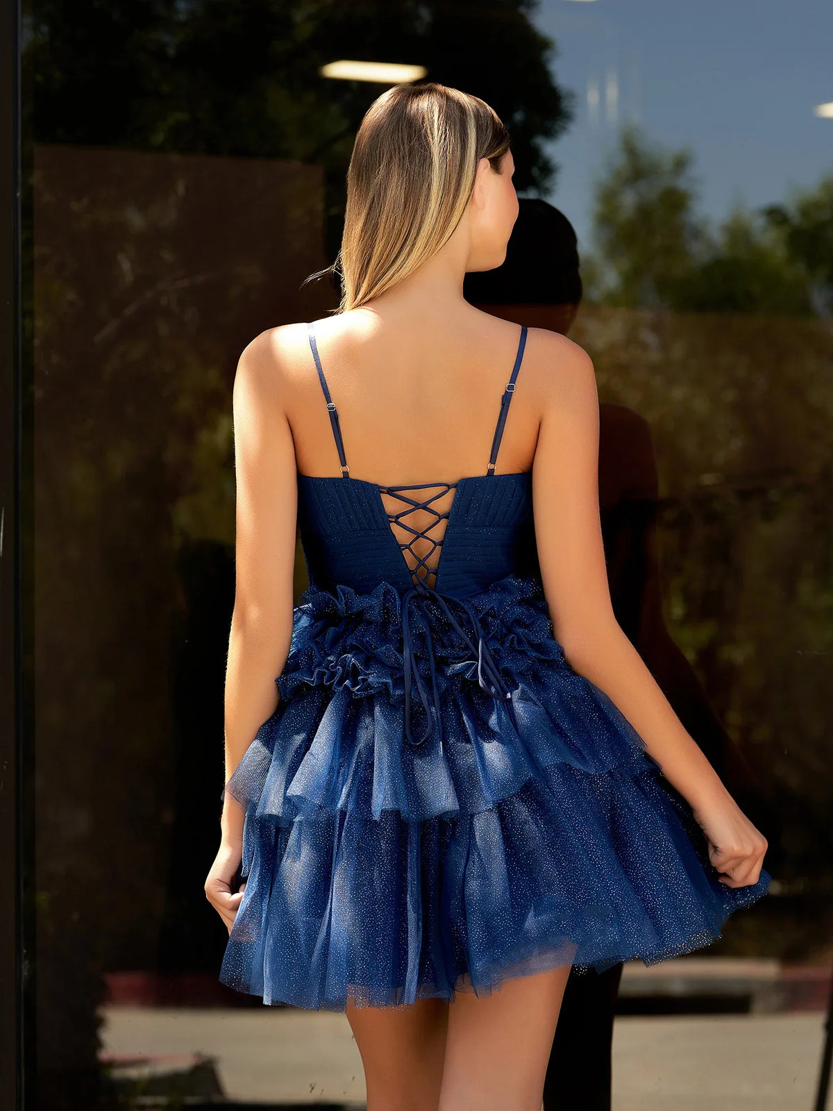Blush Pink mini homecoming dress, alternate view showing the full-length silhouette from another angle