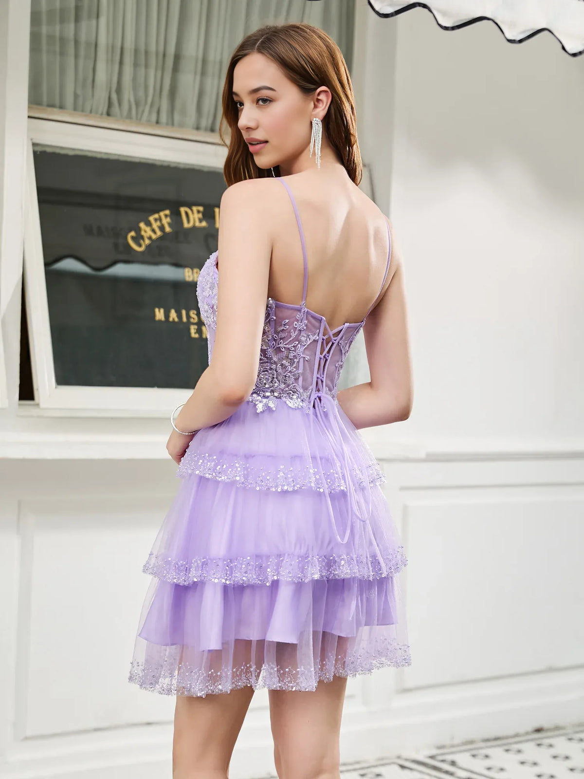 Lilac mini homecoming dress, alternate view showing the full-length silhouette from another angle