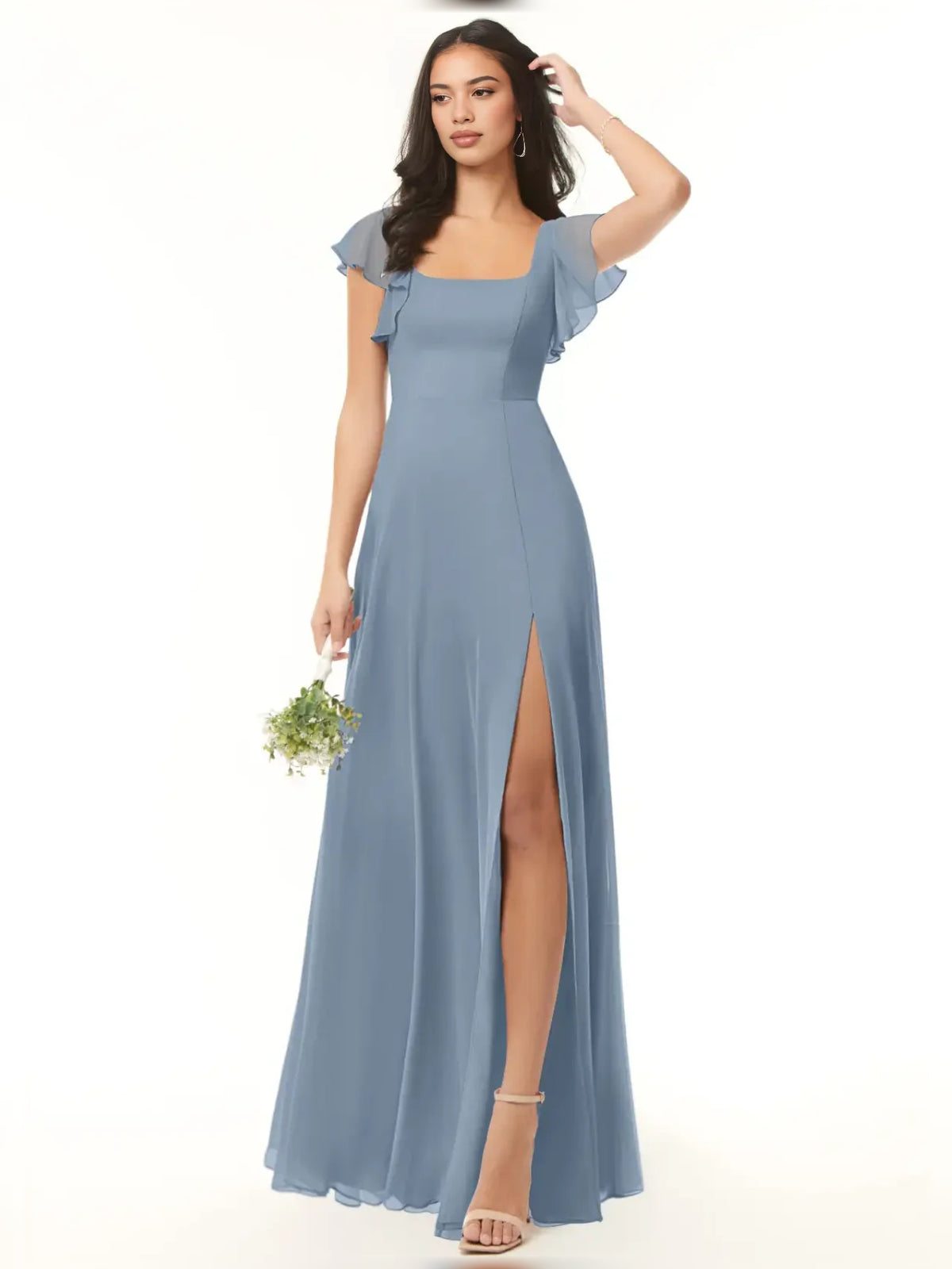 Dusty Blue maxi bridesmaid dress, alternate view showing the full-length silhouette
