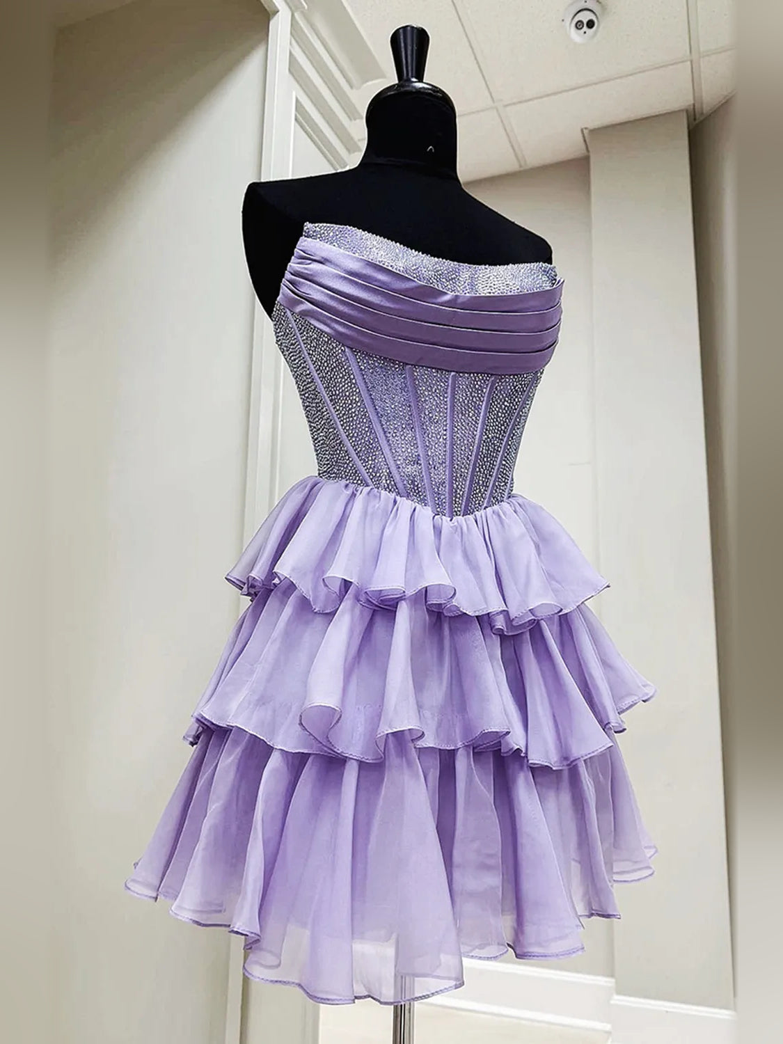 Lemon short homecoming dress, alternate view showing the full-length silhouette from another angle