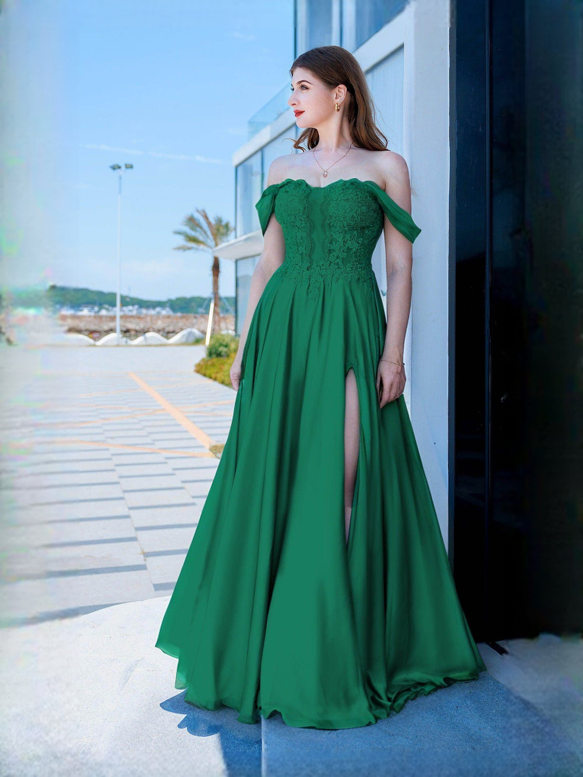 Emerald Green floor-length prom dress, alternate view showing the full-length silhouette