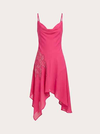 Fuchsia midi formal dress with beading, alternate view showing the shoulder line