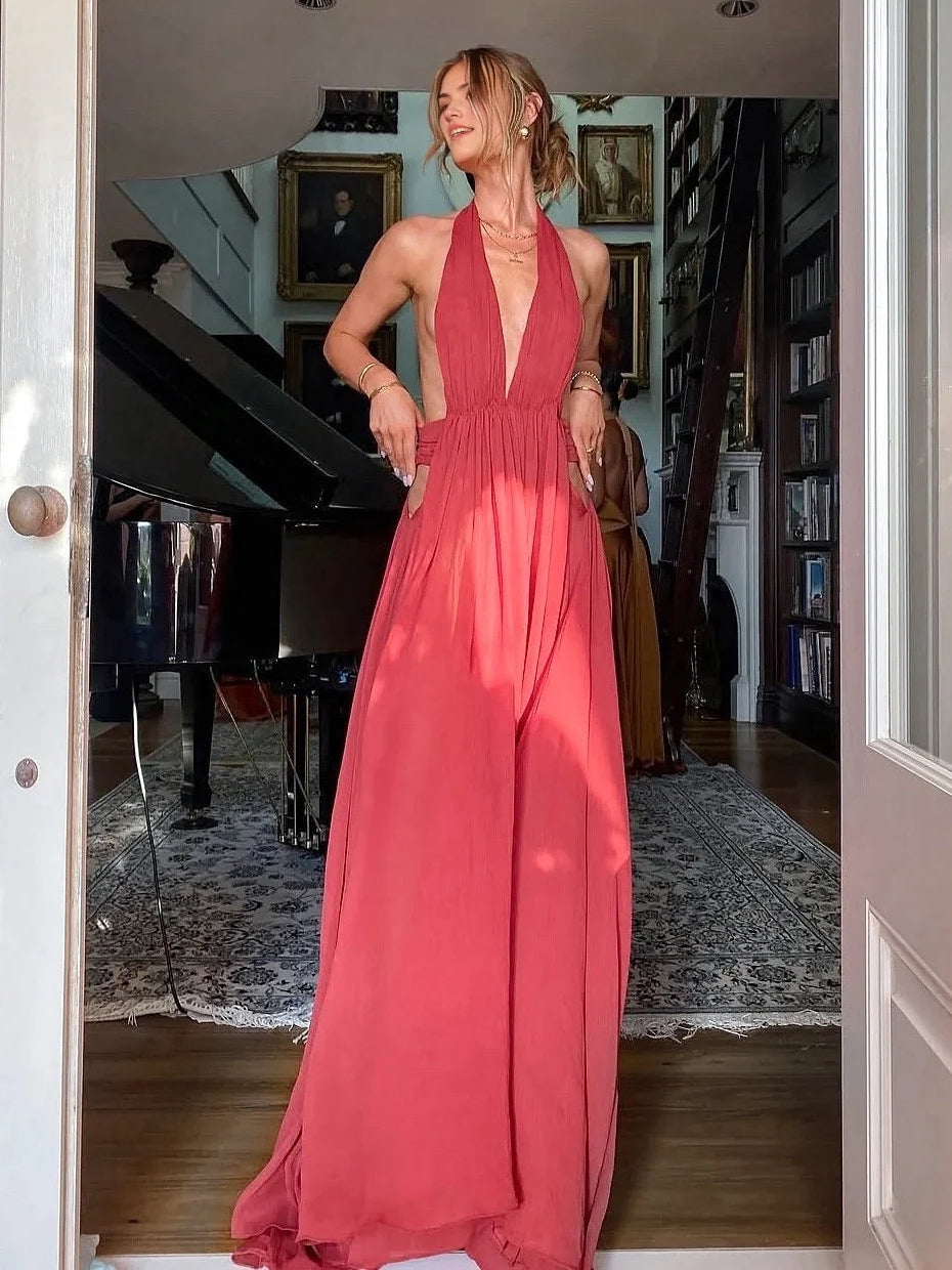 Red sheath floor-length formal dress with cutout detail, alternate view