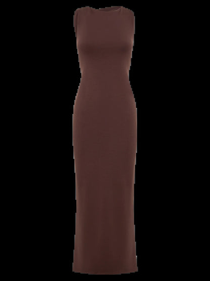Brown midi formal dress, alternate view showing the shoulder line