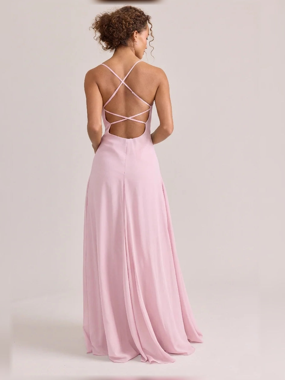 Pink maxi bridesmaid dress, alternate view showing the full-length silhouette