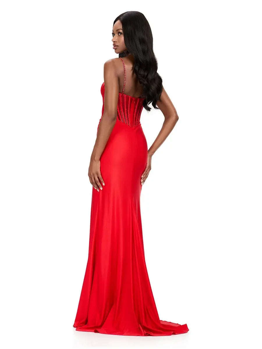 Dusty Sage mermaid floor-length formal dress with draping, alternate view showing the shoulder line