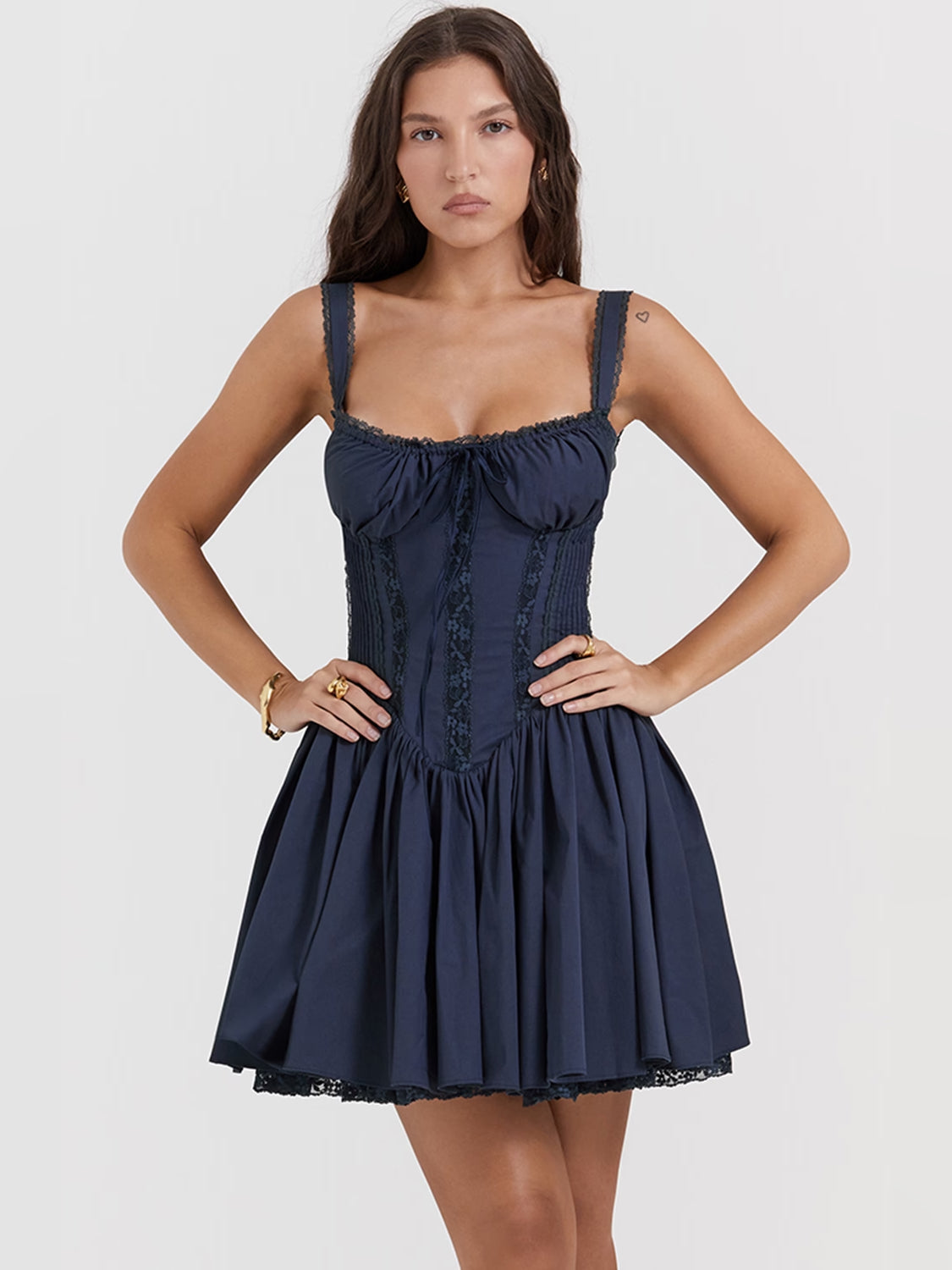 Navy mini homecoming dress, alternate view showing the full-length silhouette