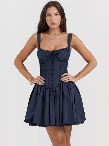 Navy mini homecoming dress, alternate view showing the full-length silhouette