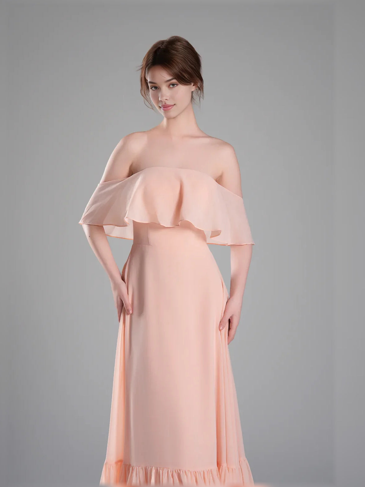 Apricot floor-length bridesmaid dress, alternate view showing the full-length silhouette