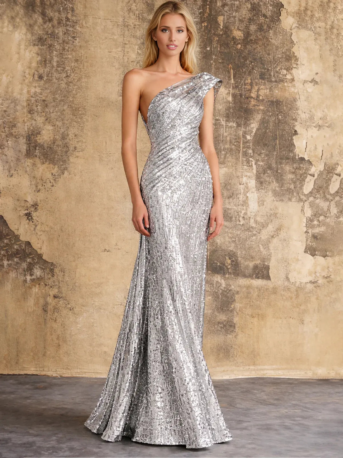 Silver mermaid floor-length formal dress with ruching, alternate view