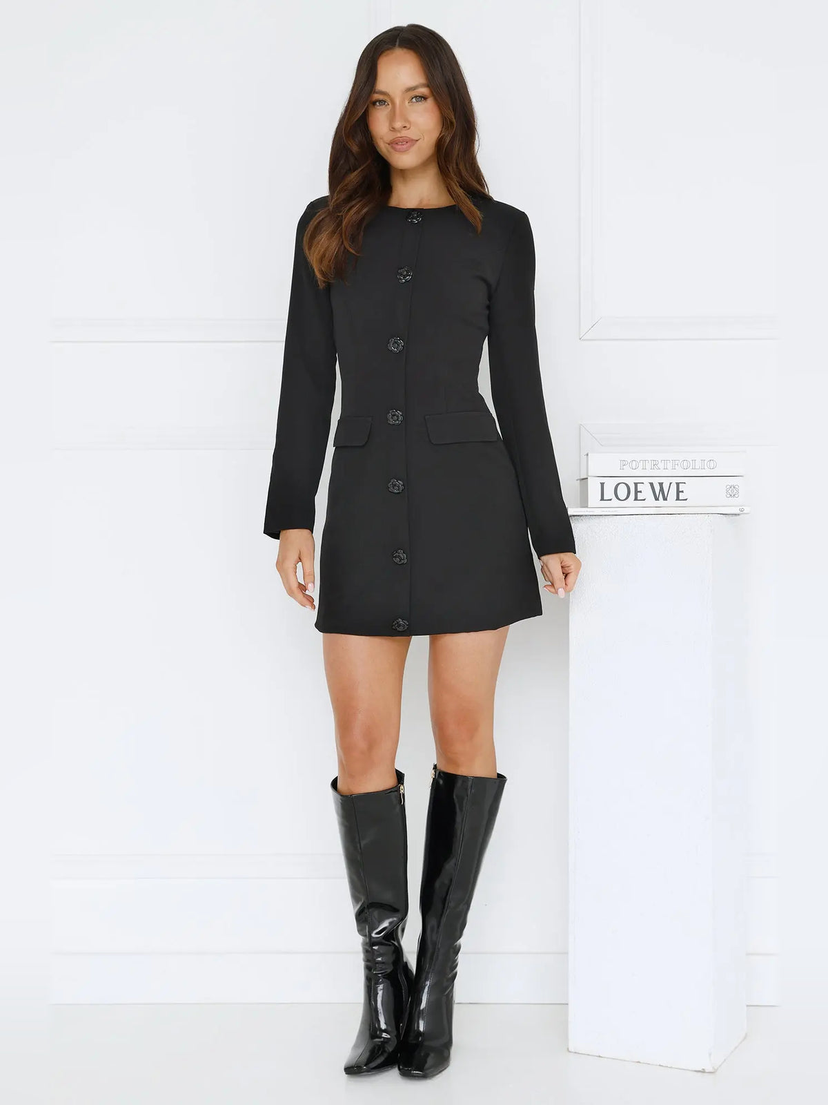 Black mini homecoming dress, alternate view showing the full-length silhouette
