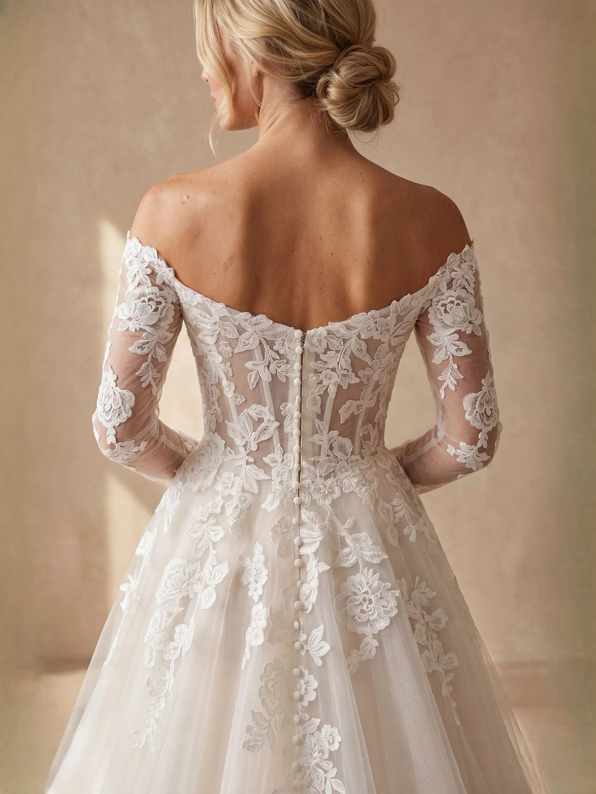 Ivory floor-length wedding dress, alternate view showing the full-length silhouette