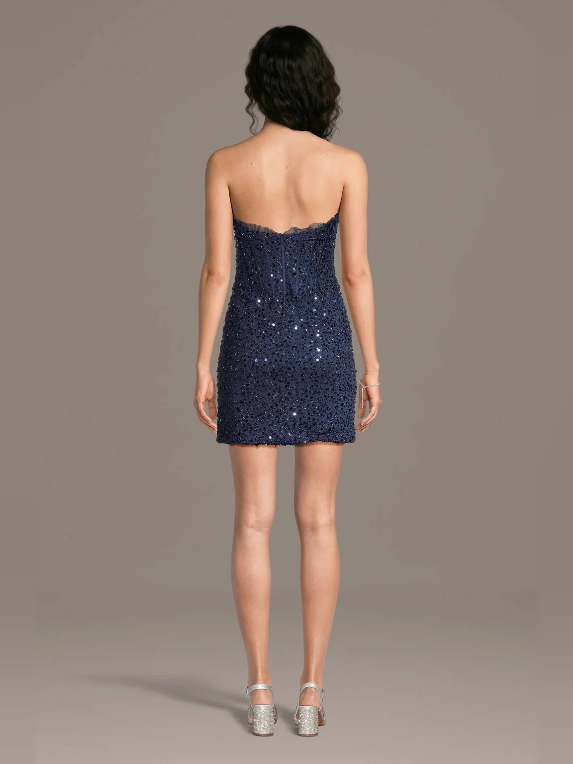 Navy Blue mini homecoming dress, alternate view showing the full-length silhouette from another angle