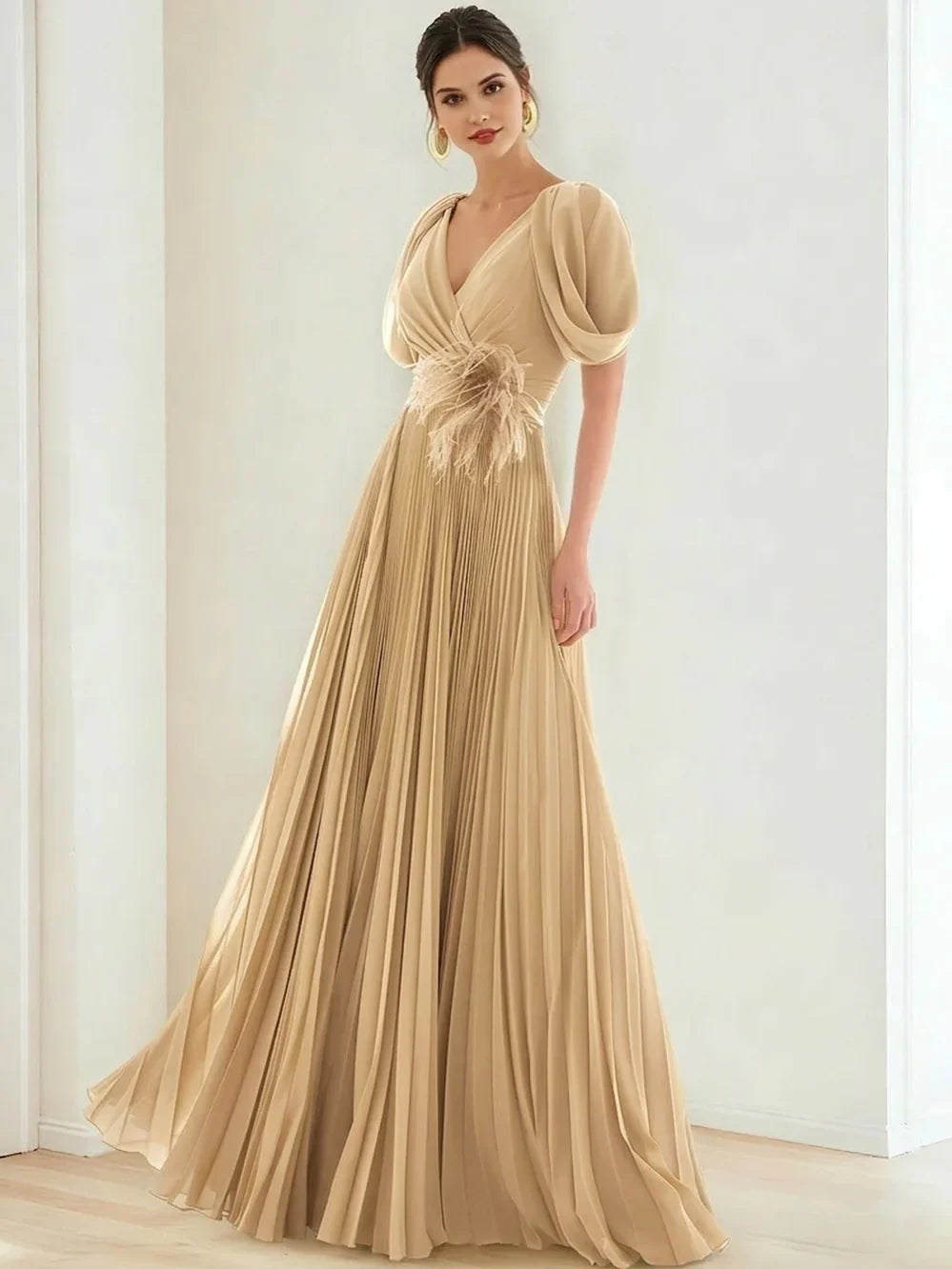 Champagne a-line floor-length formal dress with pleated skirt, alternate view