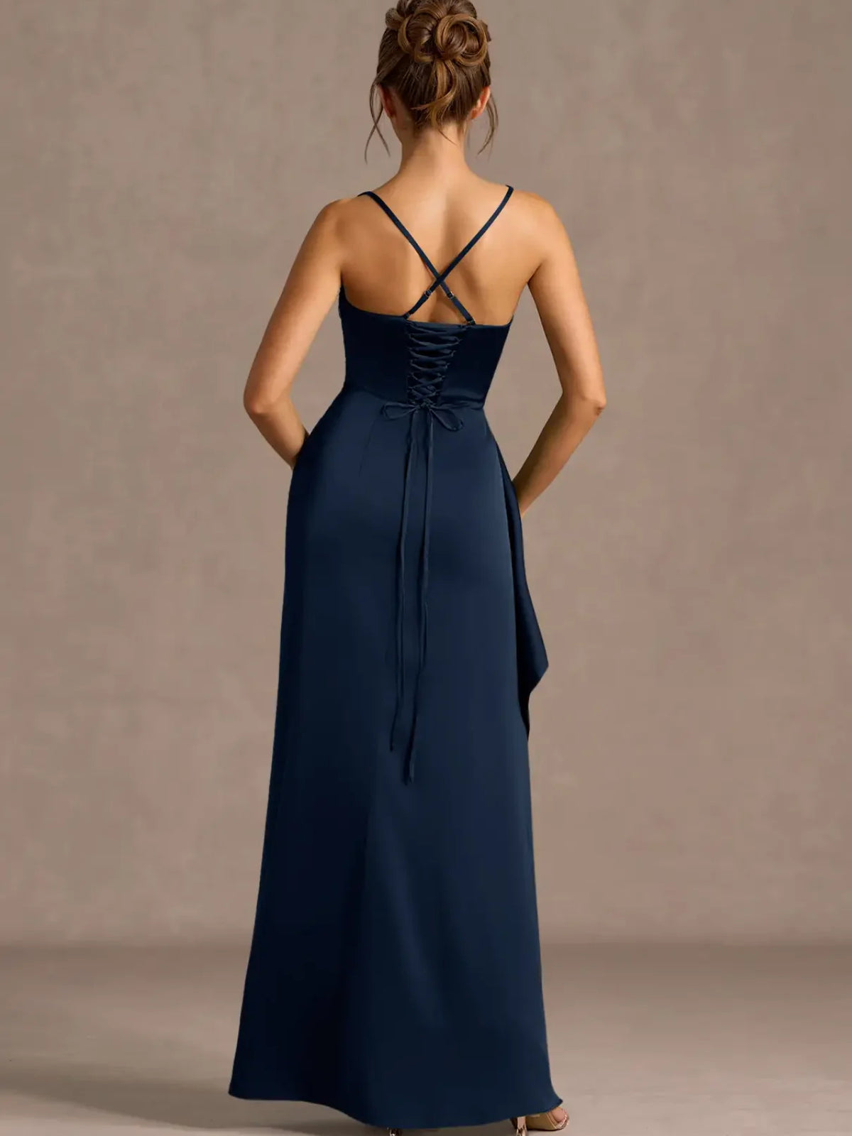 Dark Navy sheath floor-length formal dress with skirt slit, alternate view