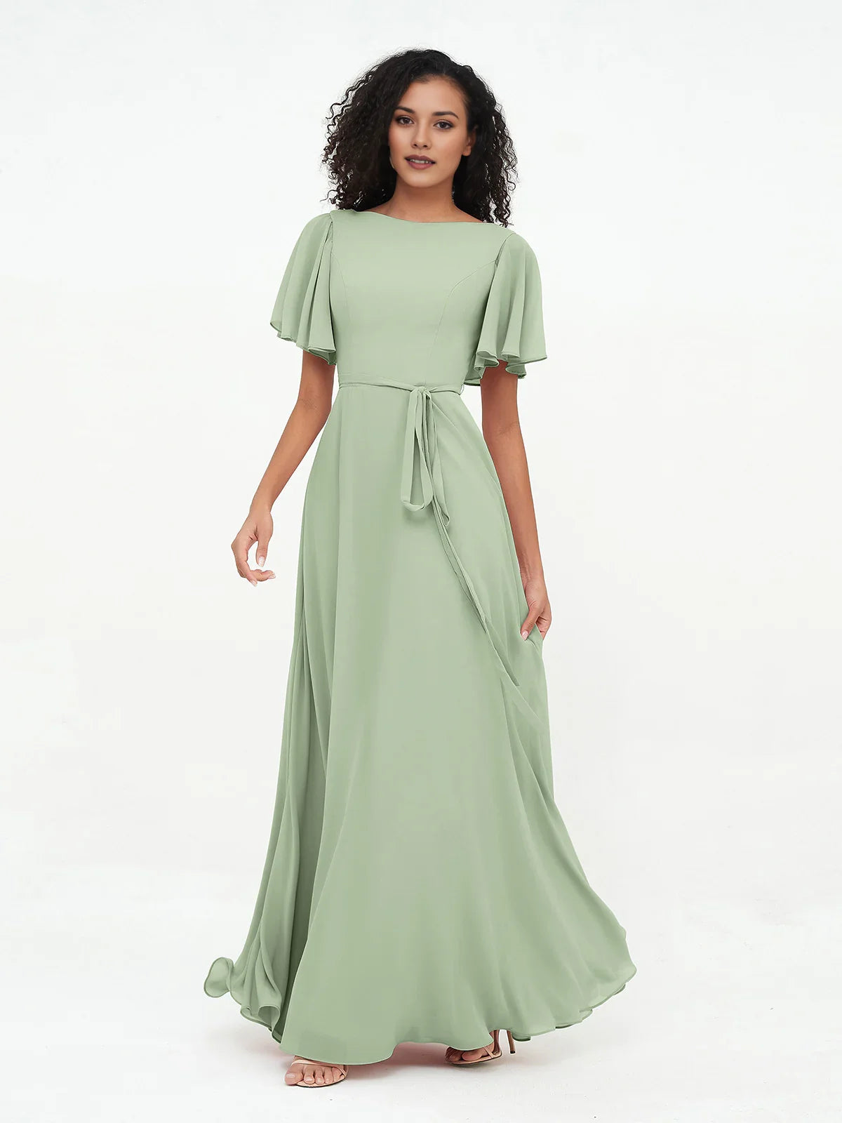 Sage Green maxi bridesmaid dress, alternate view showing the full-length silhouette