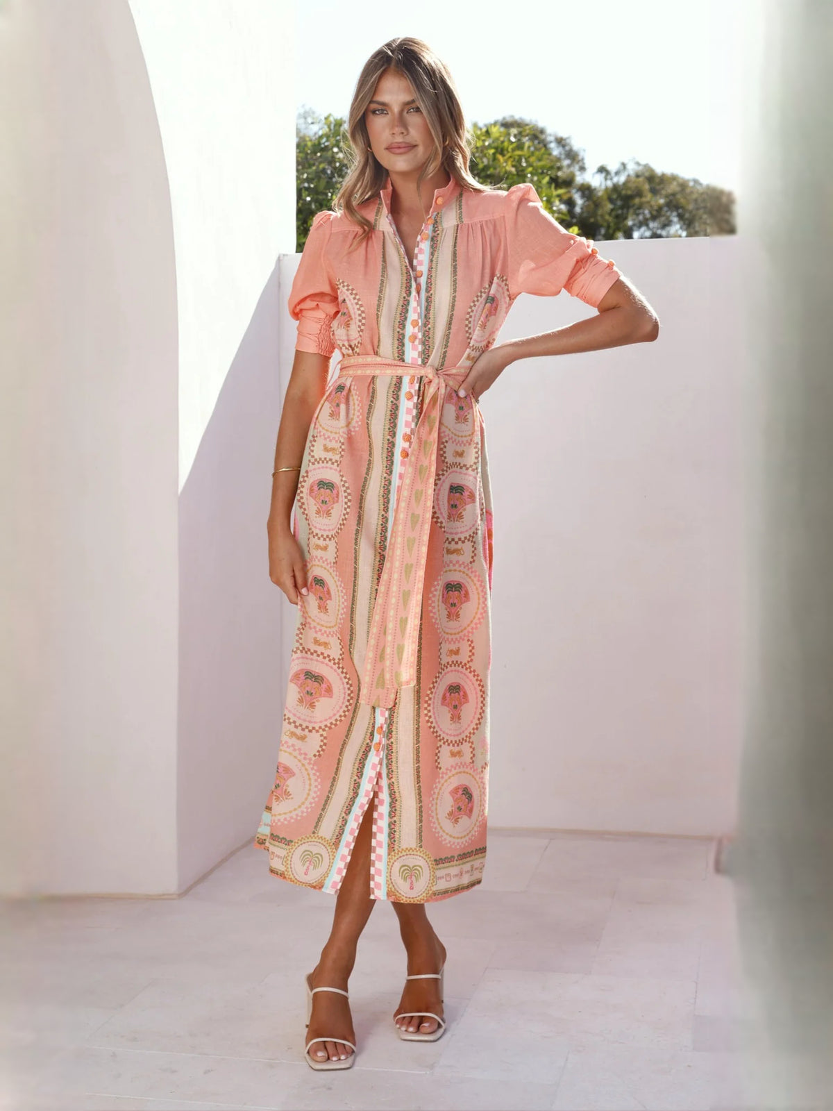 Acacia Palm Melon midi formal dress with printed pattern, alternate view showing the shoulder line