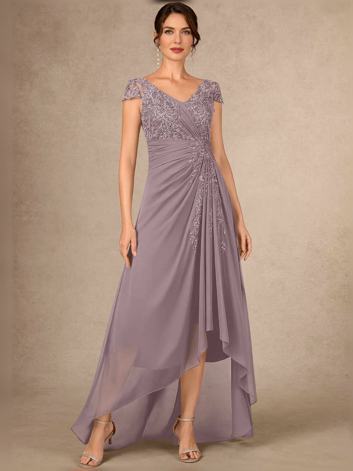 Dusk high-low mother of the bride dress, alternate view showing the full-length silhouette