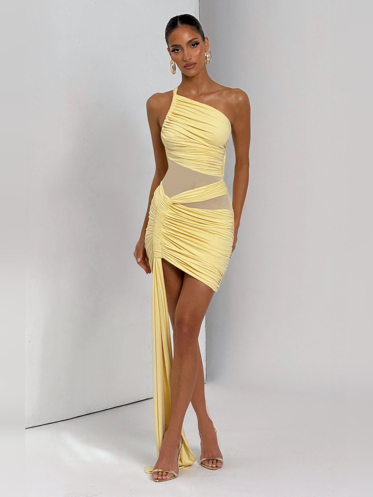 Lemon mini homecoming dress, alternate view showing the full-length silhouette