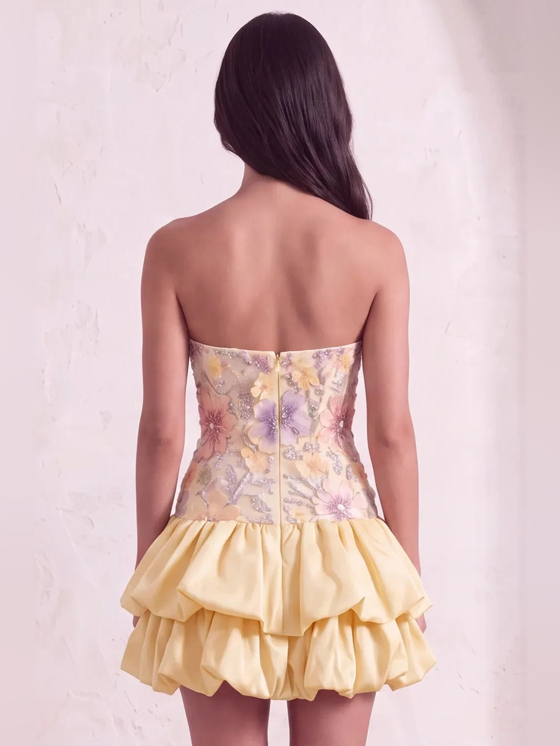 Pink mini homecoming dress, alternate view showing the full-length silhouette from another angle