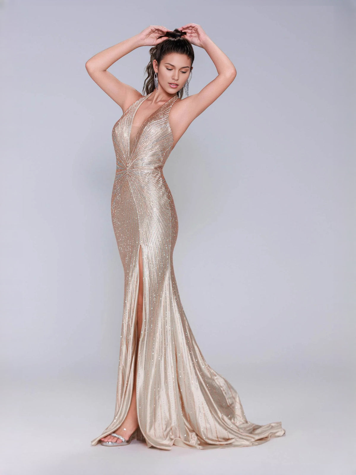 Champagne floor-length prom dress, alternate view showing the full-length silhouette