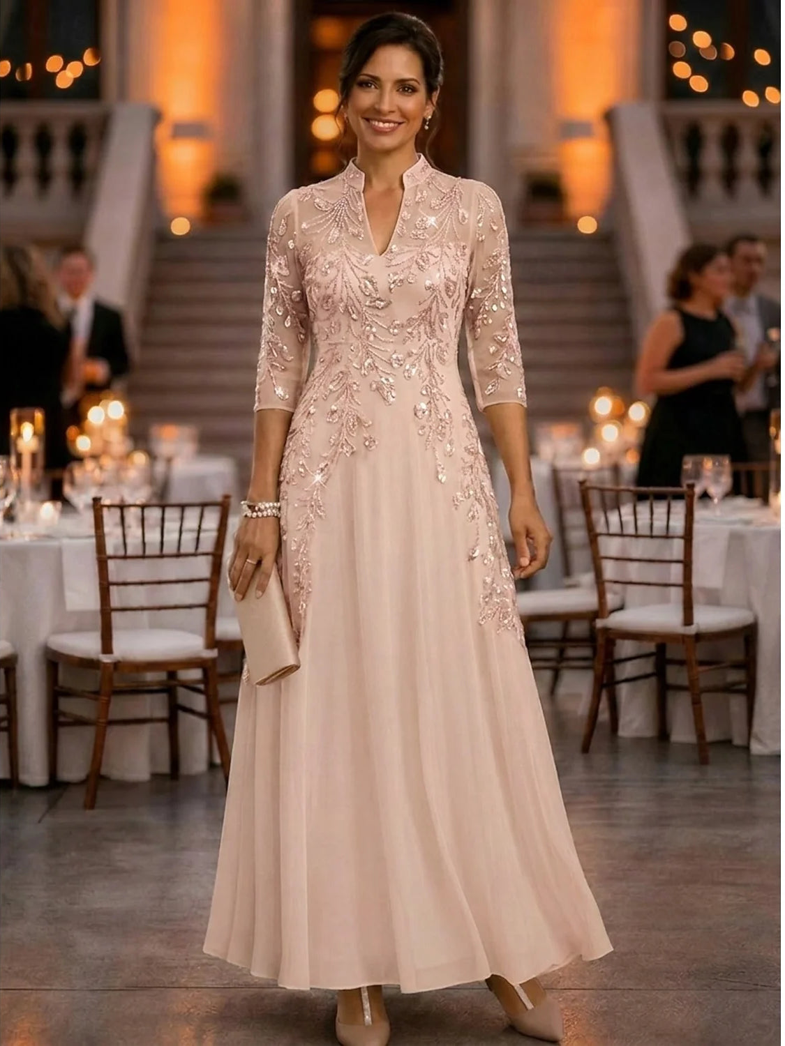 Dusty Rose floor-length mother of the bride dress, alternate view showing the full-length silhouette