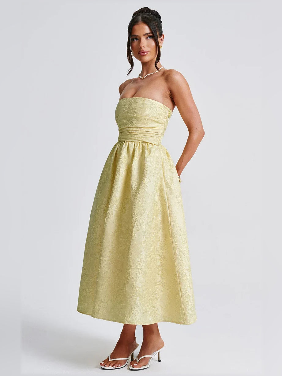 Red midi formal dress with ruching, alternate view showing the shoulder line