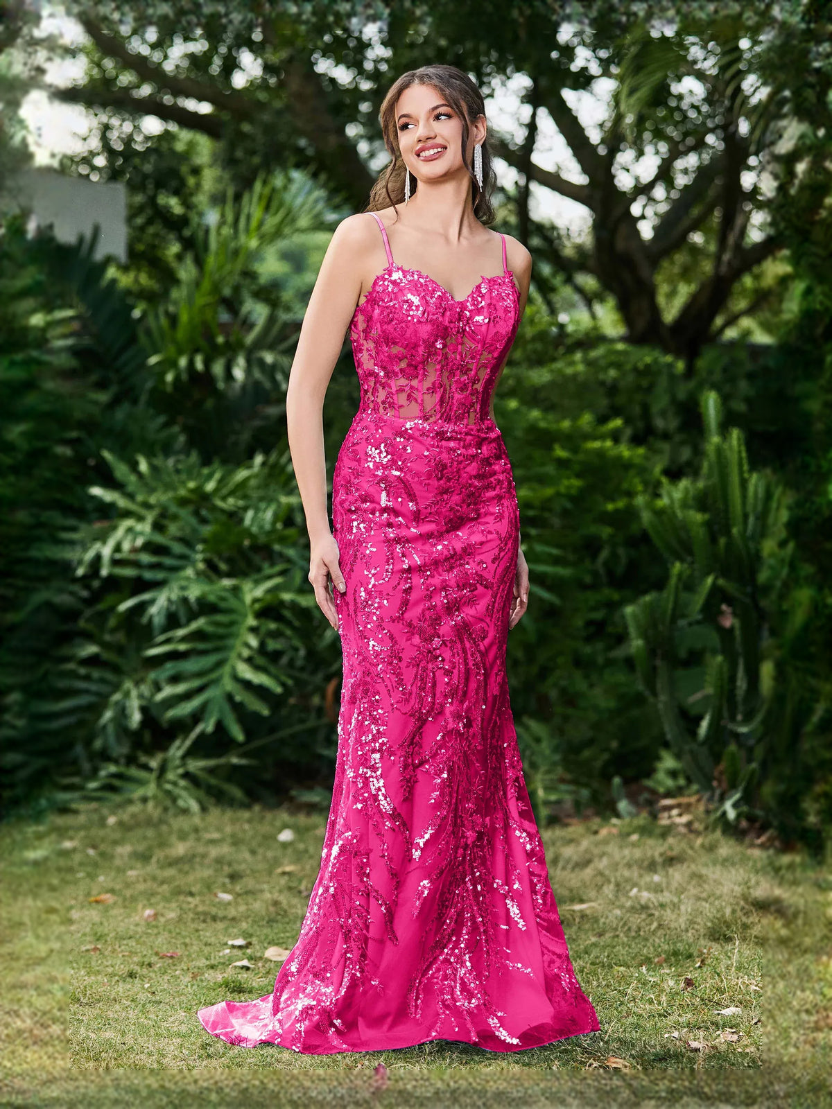 Fuchsia floor-length prom dress, alternate view showing the full-length silhouette