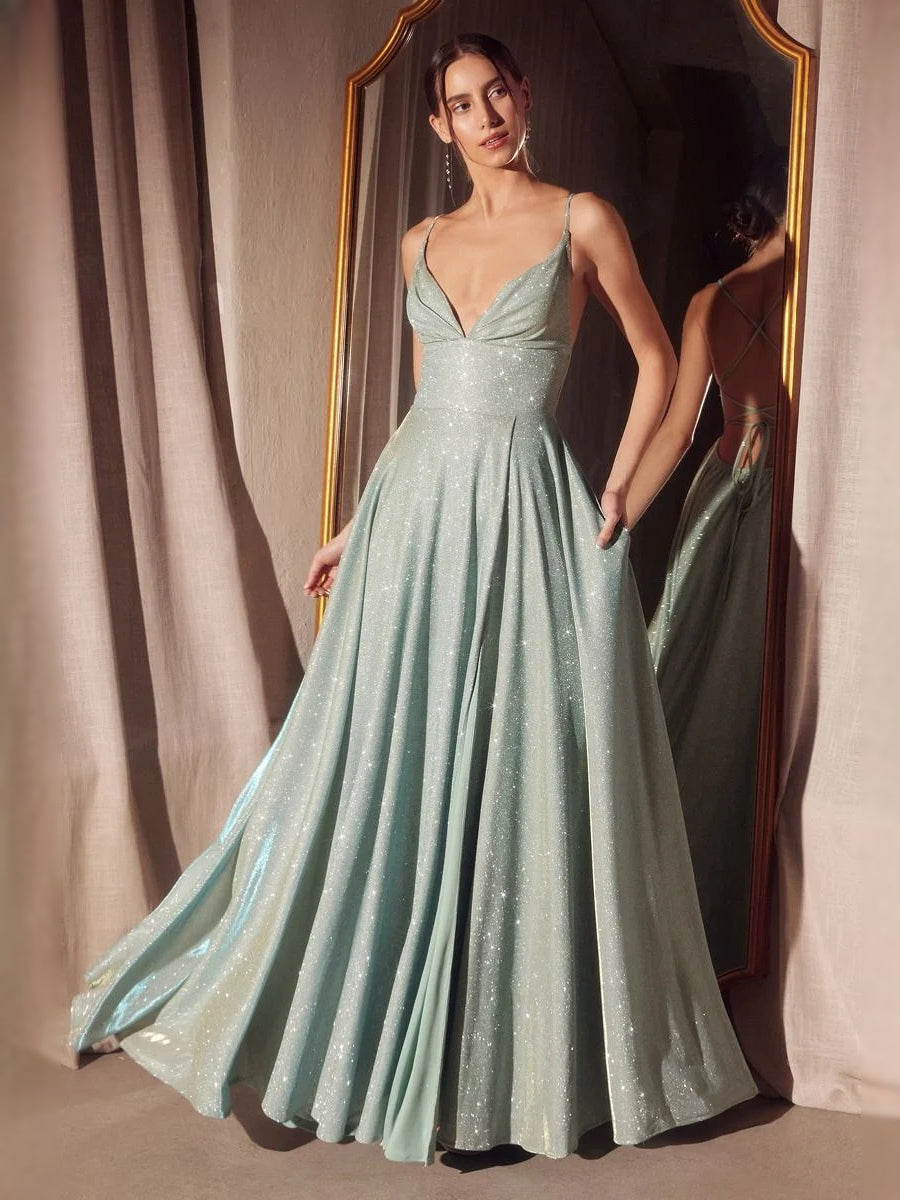 Dusty Sage floor-length prom dress, front view showing the a-line silhouette