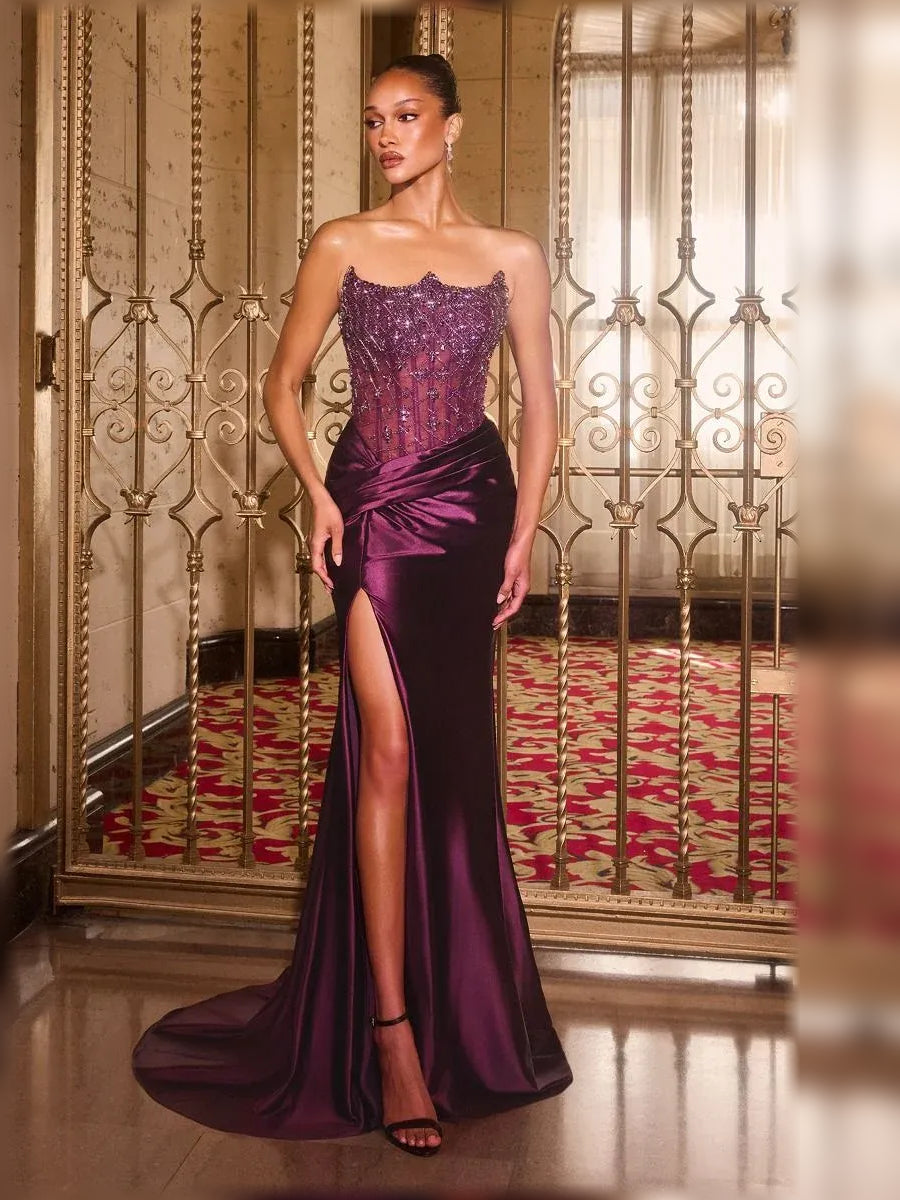 Deep Purple mermaid floor-length formal dress with beading, alternate view