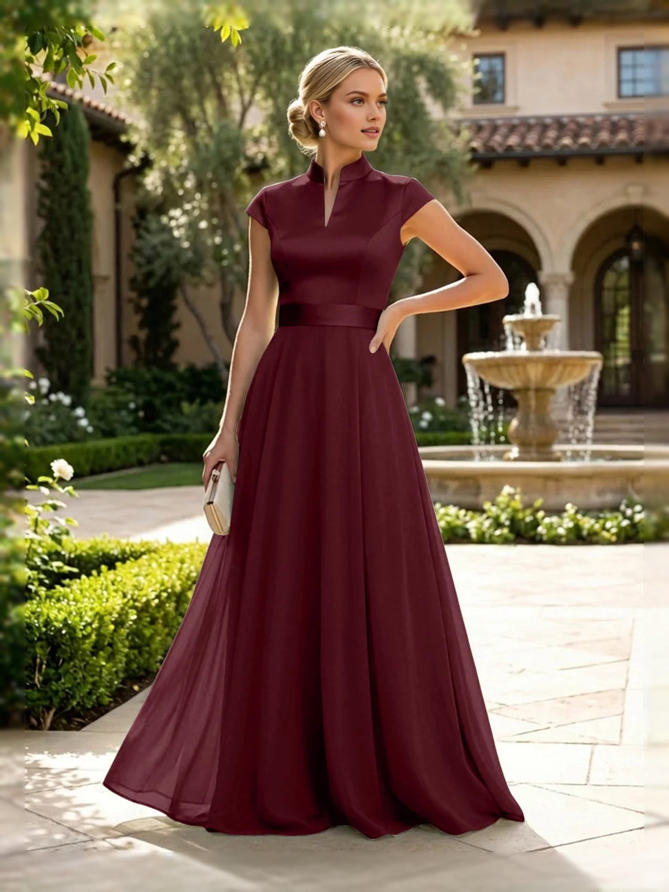 Burgundy floor-length mother of the bride dress, alternate view showing the full-length silhouette