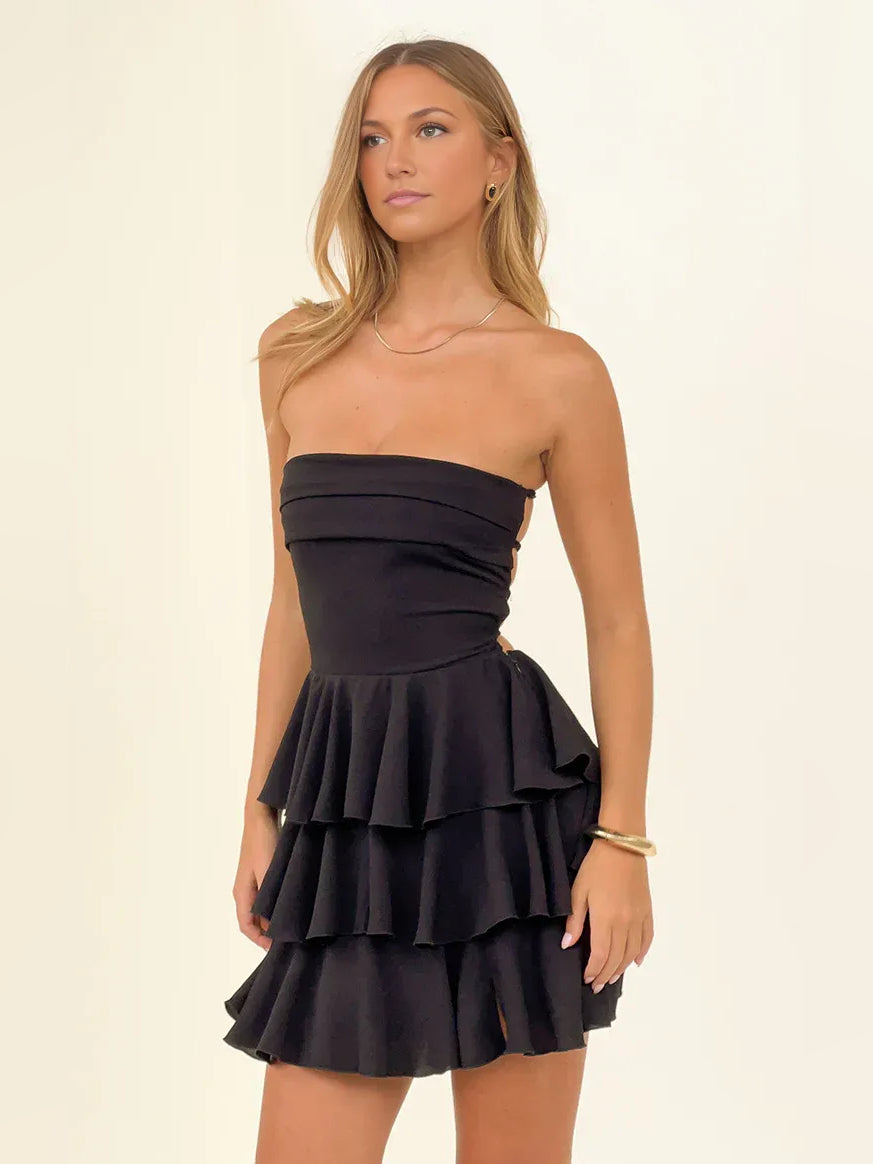 Black mini homecoming dress, alternate view showing the full-length silhouette