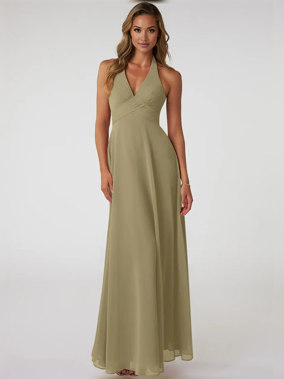 Moss maxi bridesmaid dress, alternate view showing the full-length silhouette