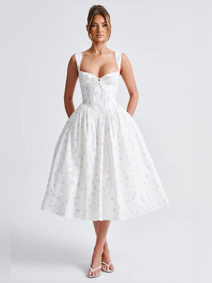 Floral midi formal dress with floral print, alternate view showing the shoulder line