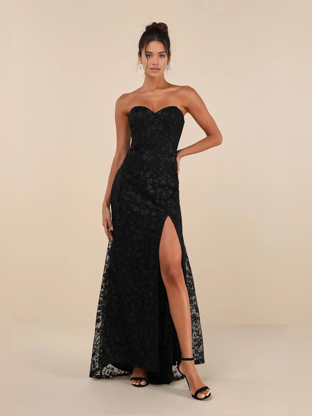 Black maxi prom dress, alternate view showing the full-length silhouette