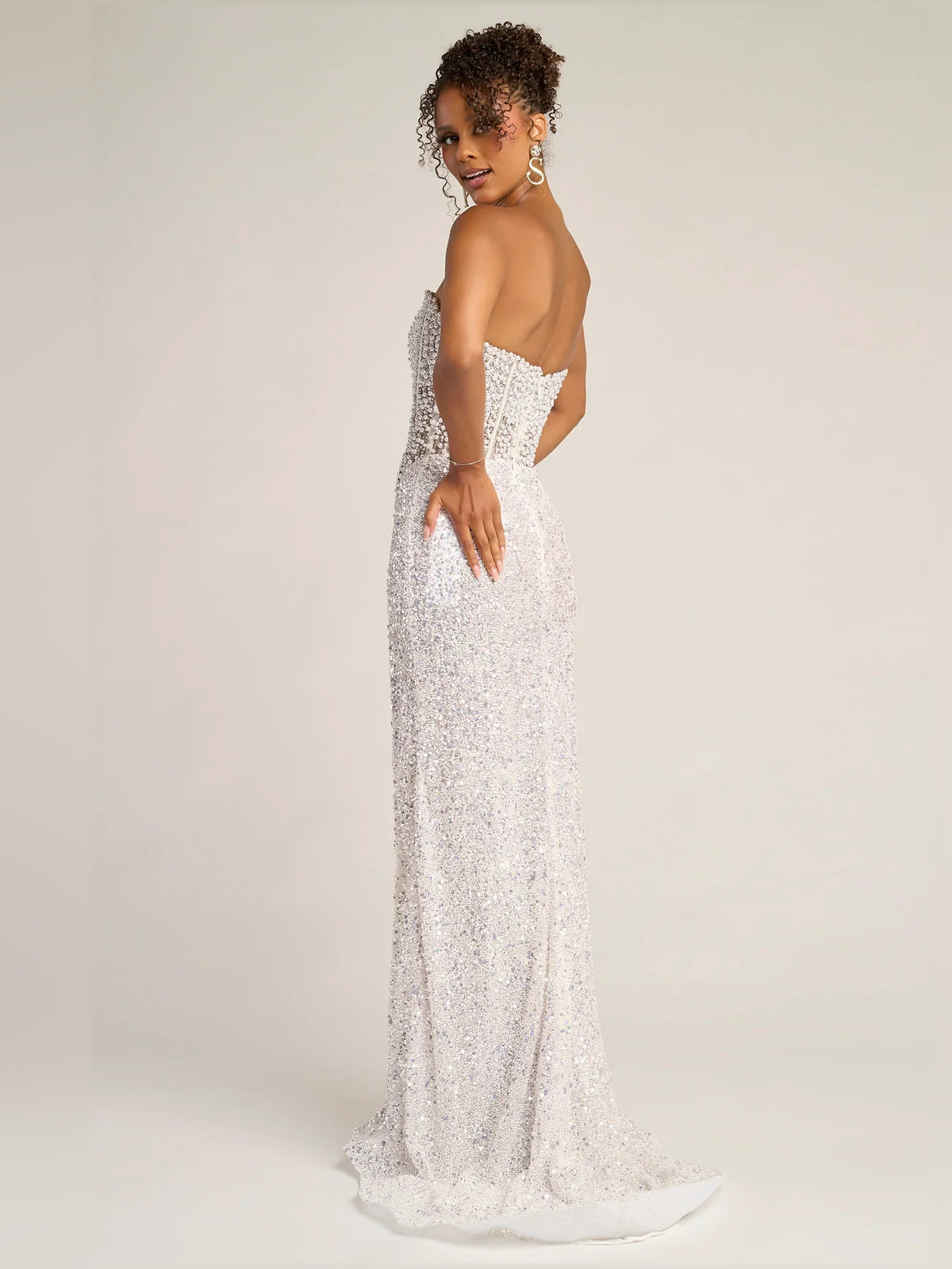 White sheath floor-length formal dress with beading, alternate view showing the shoulder line