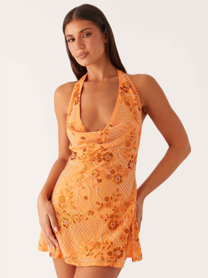 Blue mini homecoming dress, alternate view showing the full-length silhouette
