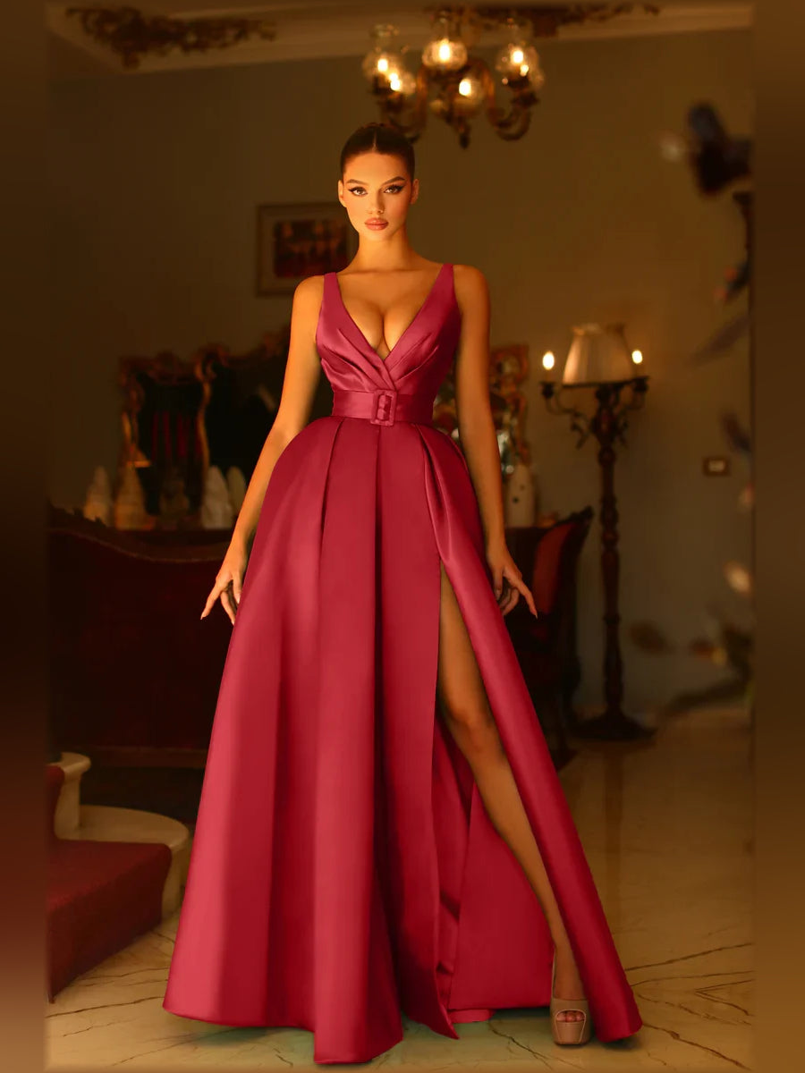 Pink a-line floor-length formal dress with skirt slit, alternate view showing the shoulder line